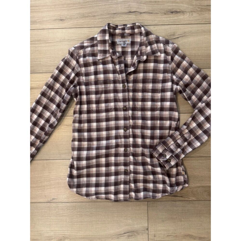Carhartt Women's Tan Plaid Rugged Flex Hamilton Flannel Shirt Small 4 6 Gorpcore